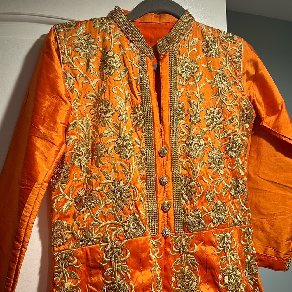 Orange and Gold Anarkali Dress - Picture 3 of 10